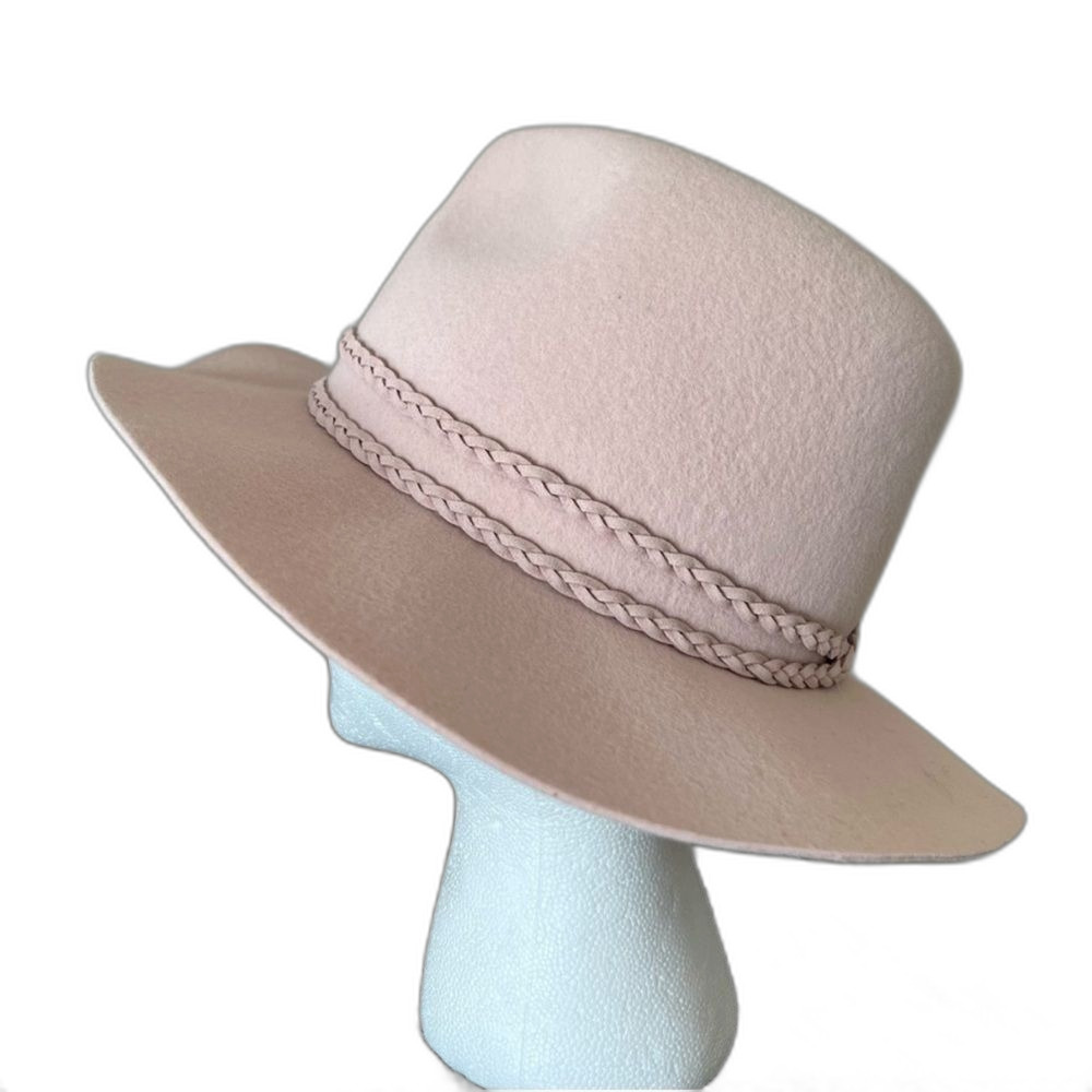 Michael Stars Pale Pink Wool Fedora Hat with Wide Brim 2 braided bands around